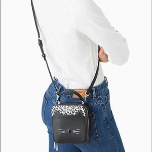 Kate spade nwt small cat vanity black leopard meow crossbody purse bag